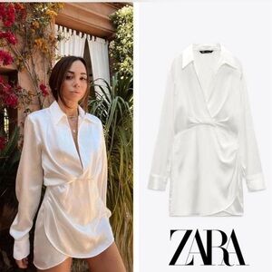 Zara Cream Satin Shirt Dress